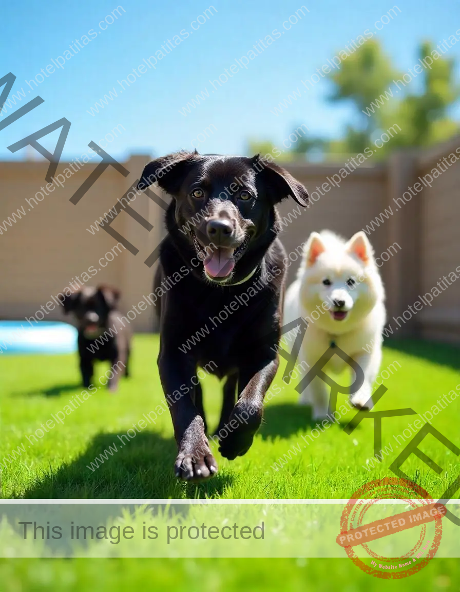 3 perros jugando en el jardin de hotel patitas