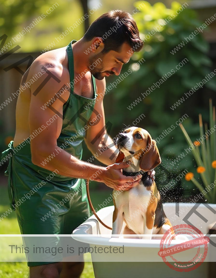 Chico bañando a perro en hotel patitas