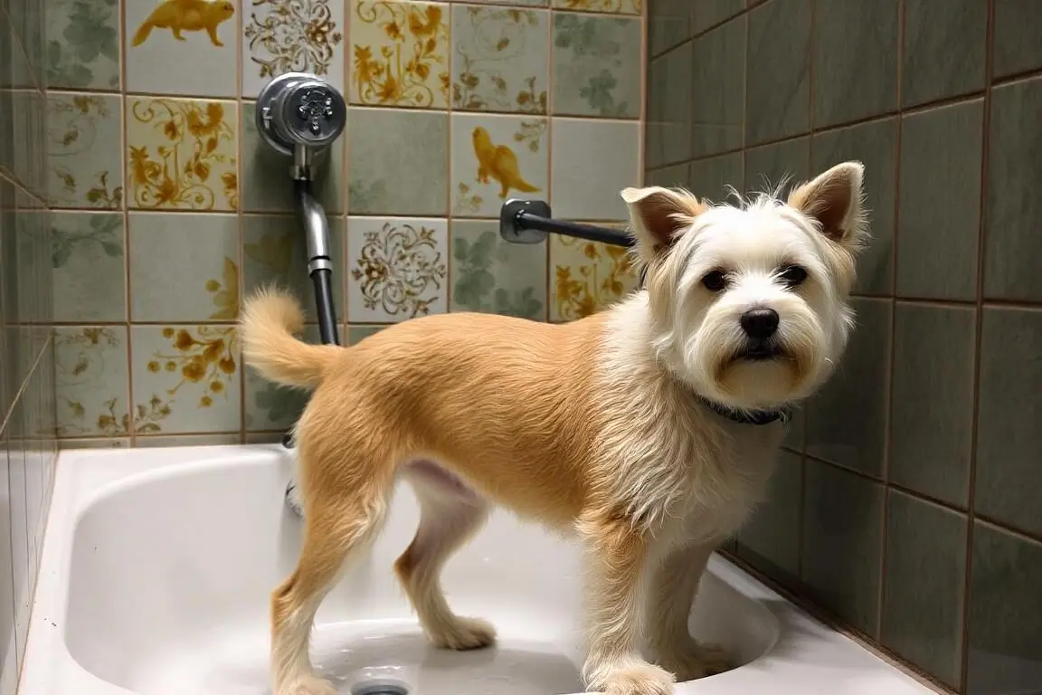 Perro pequeño recibiendo cuidados de higiene como limpieza de orejas, baño y corte de uñas en casa