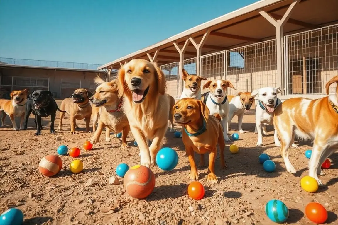 Perros felices jugando en una residencia canina en Almería, con amplias instalaciones y un entorno seguro y confortable